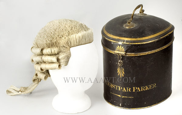 Barrister's Wig, Stand and Tin Case
By Ravenscroft Law, Wig and Robe Maker
Lincolns Inn, London
Mr. Registrar Parker
19th Century, entire view